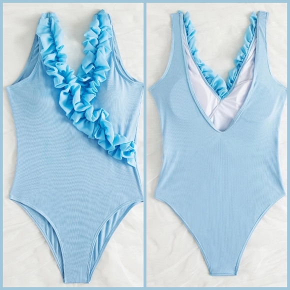 🆕️♡♡ RUFFLE ONEPIECE | Rib Appliques Ruffle Neckline Built In Bra M - Picture 2 of 7